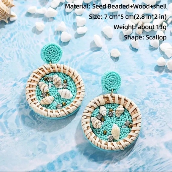 Bohemian Beach Circle Seashell Rattan Earrings Brand New - Picture 5 of 7